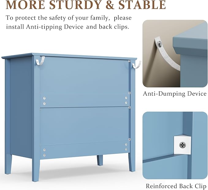 Large Muted Blue 3 Drawer Dresser, Painted 30 Inch Tall Wood Nightstand with Storage, Wide Modern Chest of Drawers with Ball Bearing Slide for Bedroom Hallway Living Room Entryway Office