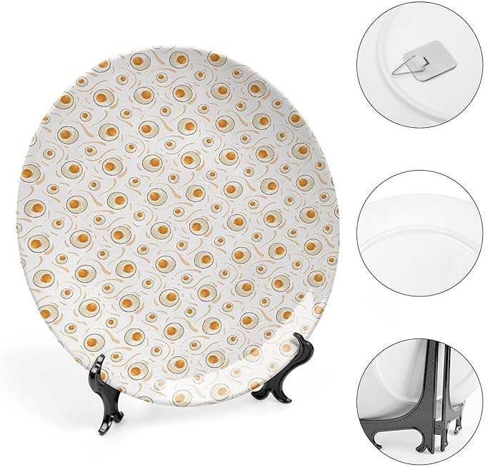 Ceramic Display Plate, AST Food Ceramic Hanging Decorative Plate, Pattern with Fried Eggs Healthy Protein, 7 Inch, Living Room Kitchen Decoration Household, Marigold Peach Cream