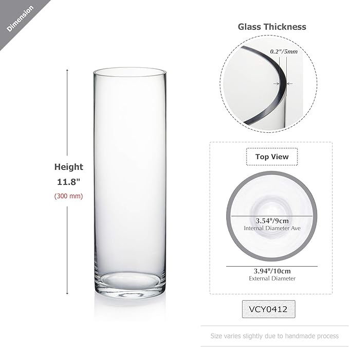 WGVI Quality Thick Weighted Clear Cylinder Glass Vases, 4" W x 12" H, Flower Arrangement Floating Candle Holders Wedding Centerpieces Terrarium Planter Floral Countertop Storage Container, 1 Piece