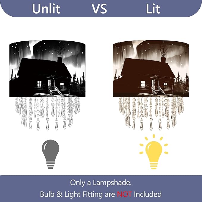 Northern Aurora Cabin Lamp Shade with Acrylic Bead Droplets, Black & White Drum Fabric Light Shade for Ceiling Pendant Table & Floor Lamps, Winter Landscape Decor, 11.8in