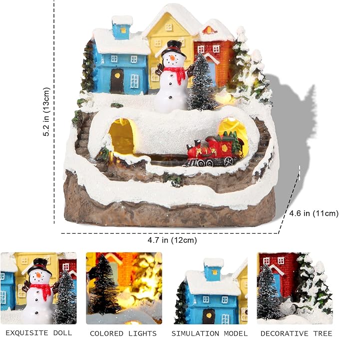 Christmas Collectibles Building Village House Musical Snow Globe Resin Figurines with 8 Music Snowman, Christmas Train Come with Xmas Gift