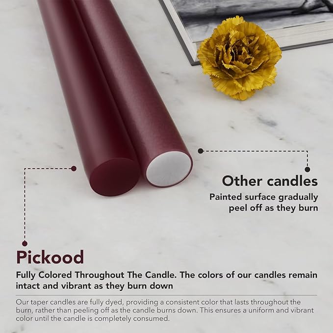 12-Inch Tall Dripless Taper Candles Set of 4 - Burgundy Tapered Candles, Perfect for Wedding,Dinner - Smokeless, Unscented, Long Burning - Hand Poured, Colored Tall Candlesticks - Borgoña
