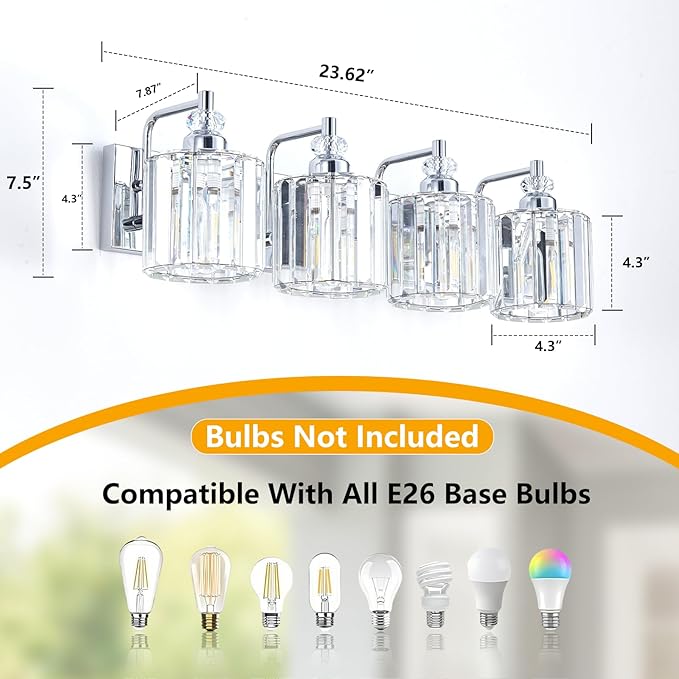 4-Light Modern Bathroom Light Fixture Chrome Bathroom Vanity Lights Over Mirror Wall Sconce Lighting with K9 Crystal Shades E26 Base for Bedroom, Living Room, Hallway, Cabinet Wall Lamp