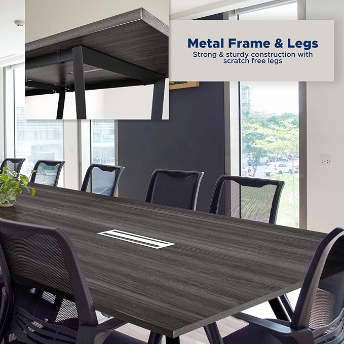 Sturdy Conference Table with Cable Management Grommets Modern Rectangle Office Meeting Table with Wood Tabletop and Metal Frame & Legs- Easy Assembly Boardroom Table (Grey, 12 Foot)