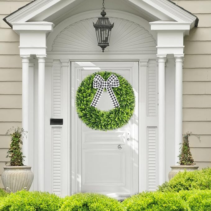 Vlorart 28" Faux Round Boxwood Wreath, Artificial Large Boxwood Wreath Front Door Wreaths Artificial Spring Summer Greenery Hanging with A Plaid Bow for Villa Wall Hanging Window Wedding Party Decor