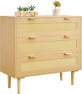 VEVOR 3 Drawer Rattan Dresser, Small Boho Dresser for Bedroom, 31.5" Wide Chest of Drawers with Metal Handles & Wooden Legs, Wood Clothing Storage Closet for Living Room, Hallway, Natural Oak