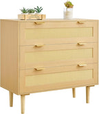 VEVOR 3 Drawer Rattan Dresser, Small Boho Dresser for Bedroom, 31.5" Wide Chest of Drawers with Metal Handles & Wooden Legs, Wood Clothing Storage Closet for Living Room, Hallway, Natural Oak