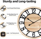 Maxstar 24'' Wall Clock for Living Room Decor, Ultra-Silent Rustic Wooden Farmhouse Wall Clock with Metal & Real Wood Frame, Battery Operated, for Kitchen Bedroom Office, Arabic Numerals