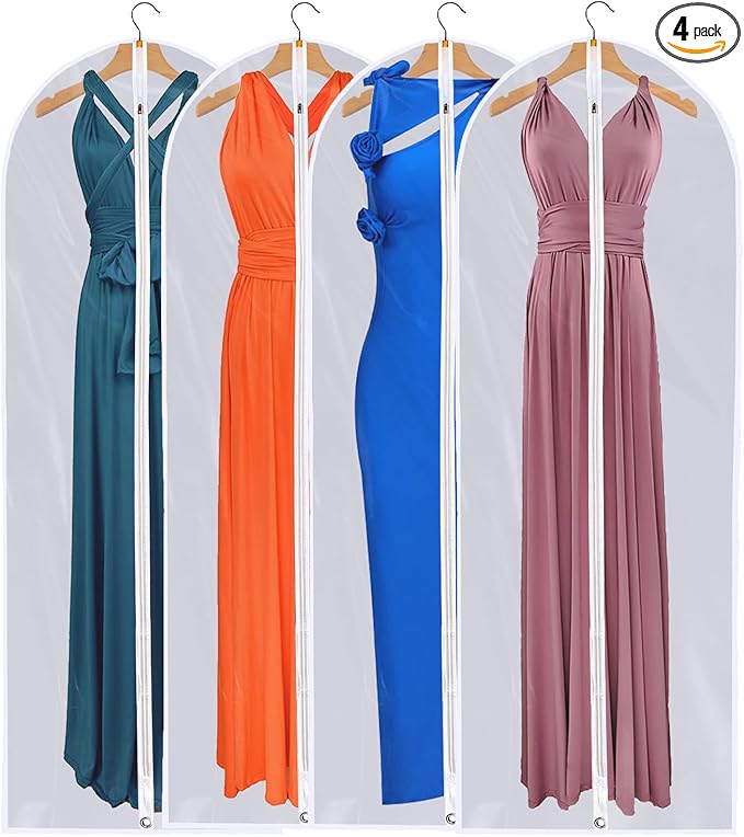 Dress Bags for Gowns Long - Foldable, 65" Clear Garment Bags for Closet Storage and Travel 24"x65"/ 4 Pack