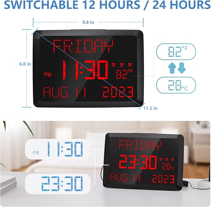 Raynic Digital Clock, 11.5" Large Display Digital Calendar Clock with Day and Date, Indoor Temperature, Adjustable Brightness, Snooze,12/24H, DST for Home, Office, Elderly