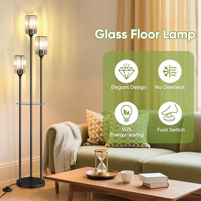 Crystal Floor Lamp for Living Room with Shelves, Industrial Modern Standing Black Lamp with Table for Bedroom, Glass Vintage Unique Tall 3-Lights Fancy Lamp with ON/Off Foot Switch