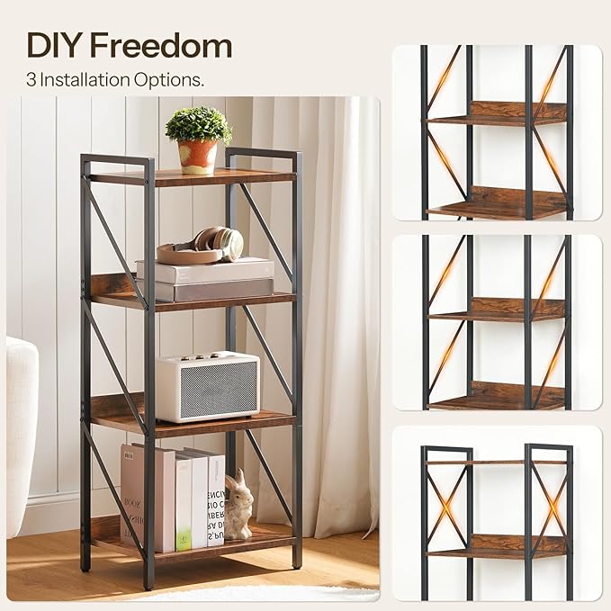 HOOBRO Bookshelf, 4-Tier Industrial Bookcase, Book Shelf Storage Organizer, Small Bookshelf with Metal Frame for Living Room, Bedroom, Home Office, Kitchen, Rustic Brown and Black BF40SJ01