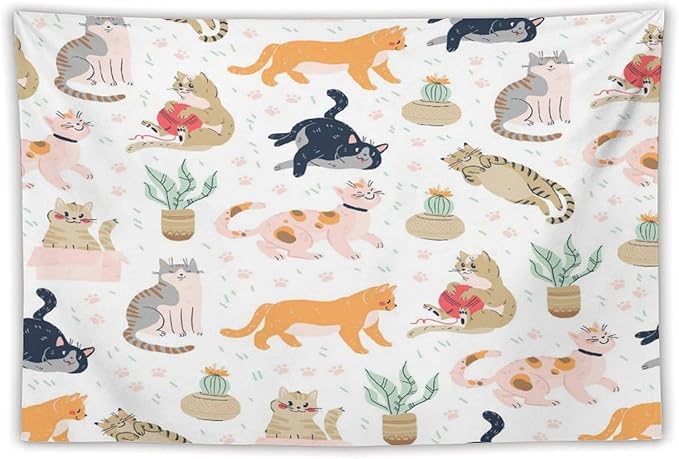 VUMIVI Cute Cat Tapestry Kids Hand-Painted Doodles Colorful Illustrations Potted Plants Paw Prints Tapestry Wall Hanging for Living Room Bedroom Dorm Classroom Aesthetic Decor W90xL60in