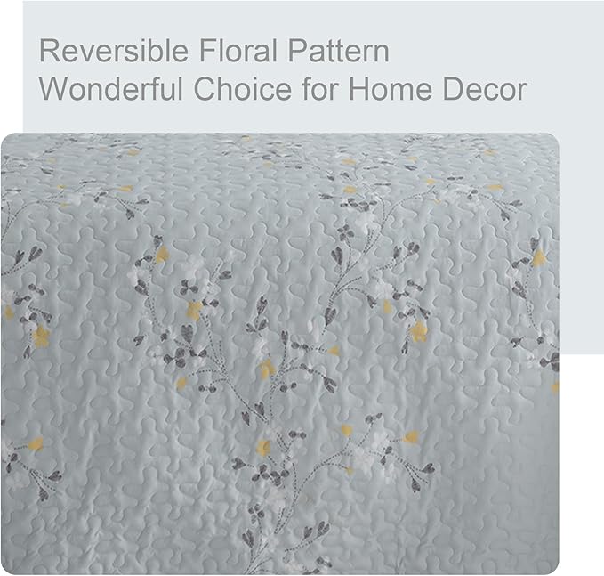 Exclusivo Mezcla Reversible Boho Quilts King Size, Light Blue Bedspreads Lightweight Coverlet All Season Flowers Quilt Bedding Set with Printed Floral Pattern (1 Quilt, 2 Pillow Shams)