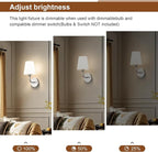 Modern Wall Sconces Set of 2, Hardwired Wall Lights with Flared White Fabric Shade, Brushed Nickel Wall Lamps for Bedroom Bedside Stairway Bathroom Living Room(ETL Listed)