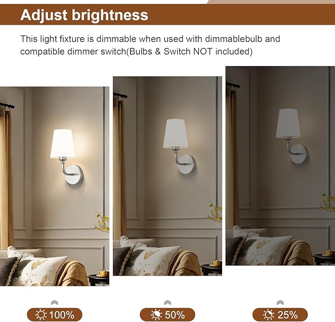 Modern Wall Sconces Set of 2, Hardwired Wall Lights with Flared White Fabric Shade, Brushed Nickel Wall Lamps for Bedroom Bedside Stairway Bathroom Living Room(ETL Listed)