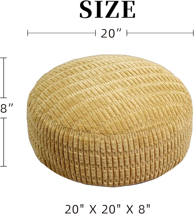 Unstuffed Pouf Ottoman Cover Soft Storage Extra Seat Farmhouse Comfortable Bohemian Poufs Accent Footrest 20x20x8 Inches for Living Room Bedroom Study Nook (Yellow, Round)