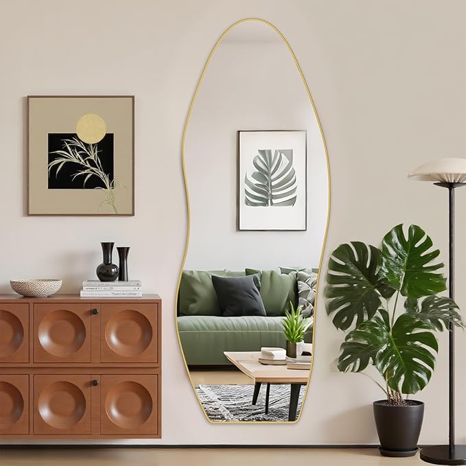 Antok Full Length Mirror, 68"x26" Floor Mirror with Stand, Standing Hanging Leaning Irregular Mirrors for Bedroom Living Room Entryway, Wavy Shaped, Golden