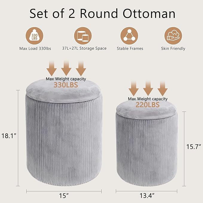 CAROLMADE Set of 2 Round Ottoman with Storage, Upholstered Vanity Stool Support 330lbs Multifunctional Coffee Table Ottoman Velvet Foot Rest Stool or Living Room Bedroom Dorm(Grey)