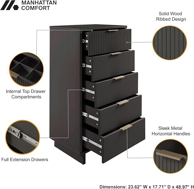 Manhattan Comfort Granville 2-Piece Modern Solid Wood Tall Narrow and Standard Dresser Set - Gold Finish Handles - Sleek Design for up to 35" TV - Elegant and Durable Bedroom Furniture, Dark Grey