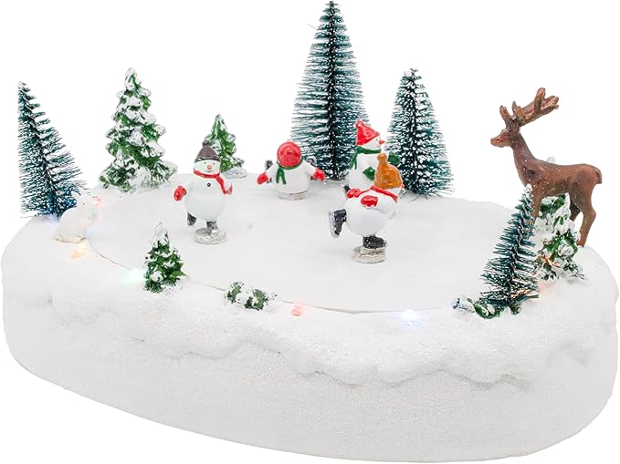 Snowmen Outdoor Skating Rink Park LED Lights Animated Christmas Village with Motion and Sound 10" x 7" x 5"