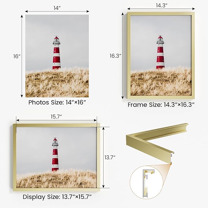14x16 Aluminum Metal Picture Frame,Tempered Glass Gold Photo Frame 14x16 for Family Photo,Posters,Art,Document to Wall Mount Horizontally or Vertically