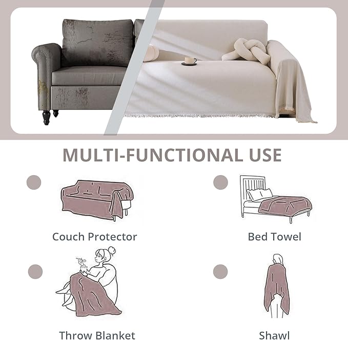 Couch Cover for Dogs, Non Slip Sofa Cover, Washable Couch Covers, 2 Cushion Sofa for Dogs Furniture Protector with Tassels Chenille Sofa Covers for Pets (Tassel Beige, 71" x 102")