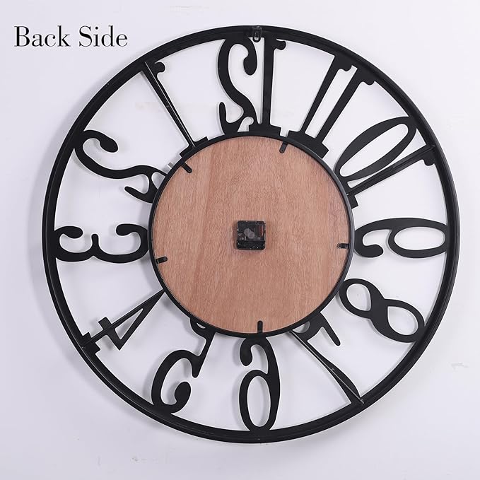24 Inch Industrial Modern Vintage Wood Wall Clock with Iron Frame & Artful Cutout Numerals, Silent Non Ticking Battery Operated, Decorative for Farmhouse Living Room Home Décor Products