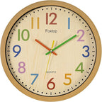 Foxtop Silent Kids Wall Clock 12 Inch Non-Ticking Battery Operated Colorful Childrens Clock for Classroom Playroom Nursery Bedrooms Kids Room School