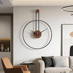 Modern Minimalist Wall Clock, Black Metal Ring and Wooden Face, Natural Style Silent Non-Ticking for Living Room, Bedroom, Office Decor, 17.7"x24.4"