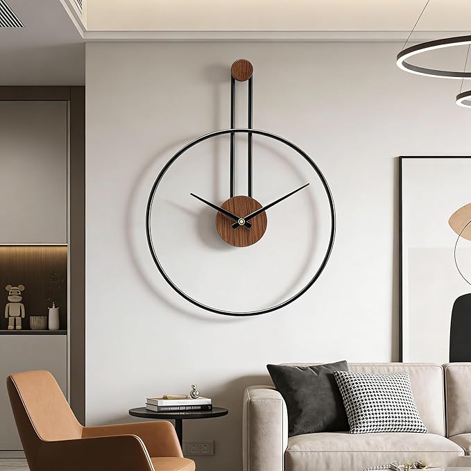Modern Minimalist Wall Clock, Black Metal Ring and Wooden Face, Natural Style Silent Non-Ticking for Living Room, Bedroom, Office Decor, 17.7"x24.4"