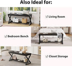 LVB Black Bench, Industrial Entryway Bench with Storage, Indoor Wood and Metal Storage Bench for Living Room Bedroom, Accent Shoe Rack Seating Bench for Hallway Foyer Entrance, Black Oak, 47 inch