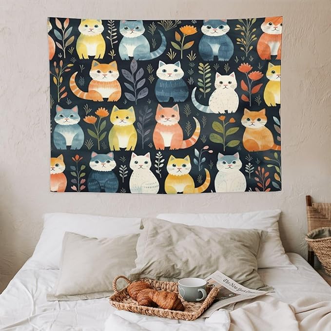 VUMIVI Cartoon Abstract Cat Tapestry Fun Cute Animals Plants Bohemian Modern Art Color Illustration Tapestry Wall Hanging for Living Room Bedroom Dorm Classroom Aesthetic Decor W40xL30in