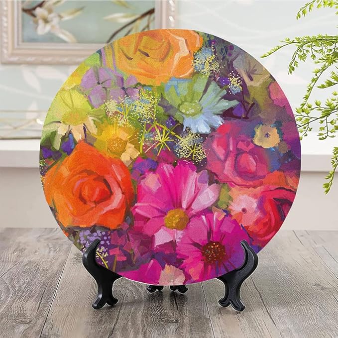 Decorative Plates, Floral Print Ornament, Vibrant Flower Bouquet with Daisy Peony Gerbera, 10 Inch, Kitchen Wall Decor, Multicolor