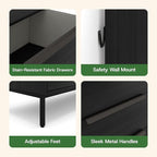 tinge Lira Premium Fabric Dresser - Solid Wooden Frame, 4 Spacious Sag-Proof Drawers with Sleek Metal Handles - Sleek & Durable Storage Solution for Your Home (Black)