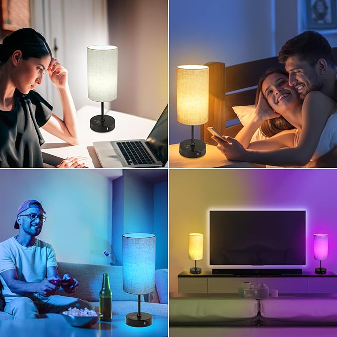 Unicozin Table Lamp Set of 2, 3 CCT 3000K/4500K/6500K & RGB Color Changing, Stepless Dimmable Small Bedside Lamp for Reading, Ambience Nightstand Light for Home Decor Party, Beige Shade