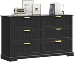 6 Wooden Drawer Dresser for Bedroom Storage, Modern Farmhouse Wood Chest of Drawers with Metal Handles, Wide Storage Cabinet for Closet, Living Room, or Entryway Black