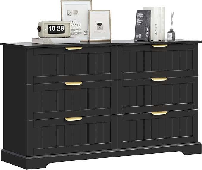 6 Wooden Drawer Dresser for Bedroom Storage, Modern Farmhouse Wood Chest of Drawers with Metal Handles, Wide Storage Cabinet for Closet, Living Room, or Entryway Black