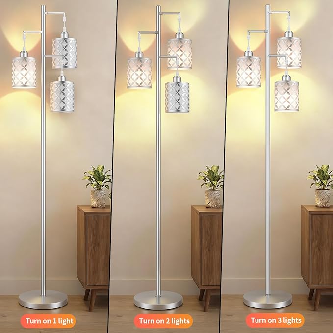 New Upgraded 72" Tall Dimmable Floor Lamp, 3 x 800LM 9W LED Bulbs Included, Farmhouse Standing Lamp with Remote Control, Industrial Tree Pole Floor Lamps for Living Room, Bedroom, Study Room - Silver