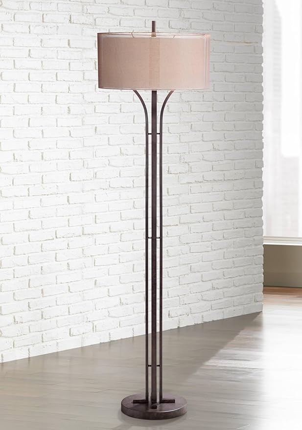 Franklin Iron Works Tristan Industrial Rustic 64" Tall Floor Lamp Standing with Smart Socket Deep Bronze Metal Sheer Tan Outer Textured Linen Inner Shade for Living Room Bedroom Office House Home