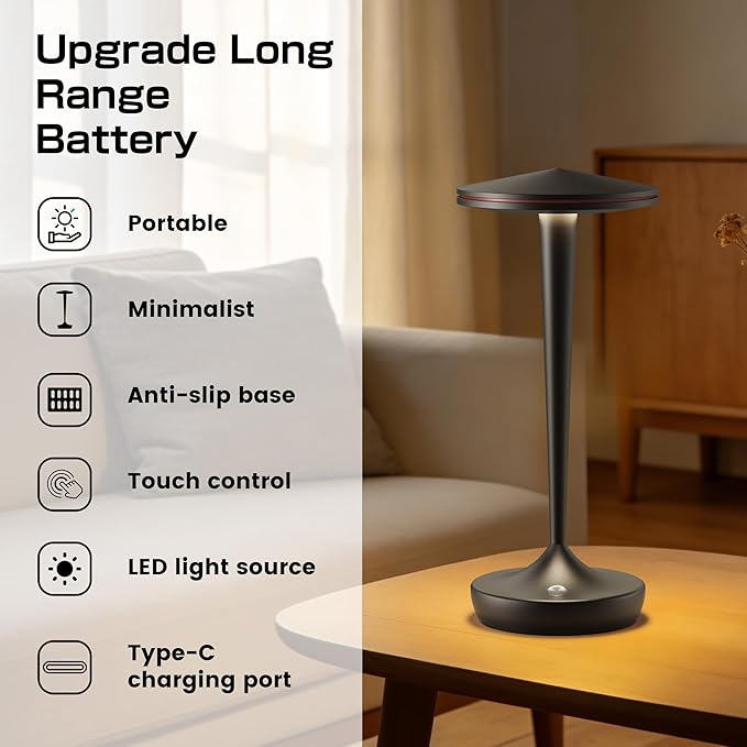 Cordless Lamp Rechargeable LED Table Light,48Hrs Battery Operated Table Lamp,Potable Lamp with Stepless Dimming and Waterproof Lamp for Kitchen,Dining,Shower,Outdoor Patio,Camping (2Pblack)