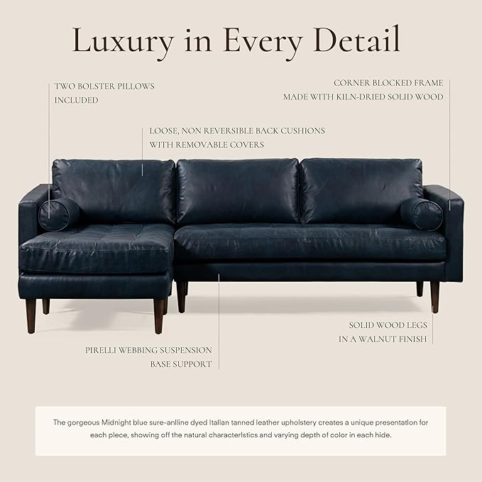 Poly & BARK Napa 104.5" Left-Facing Sectional Sofa – Midnight Blue Full-Grain Pure-Aniline Italian Leather, Feather-Down Cushions, Kiln-Dried Solid Wood Frame, Walnut Legs