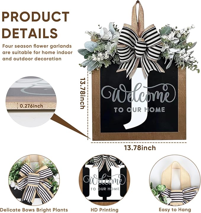Ultra Large 14'' Last Name All Year Round Front Door Wreath with 26 Initial Letter Welcome Sign All Seasons Eucalyptus Garland and Bow Wreaths for Front Door Porch Farmhouse Decoration (J)