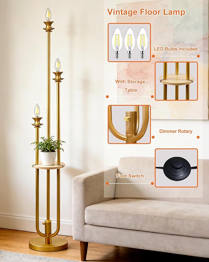 Lightdot Gold Dimmable Floor Lamp with Table, Modern Floor Lamps for Living Room, 3000K Warm Lights Tall Standing Lamp with Candle Bulb Included for Bedroom/Home Office/Sofa Beside/Corner Decor