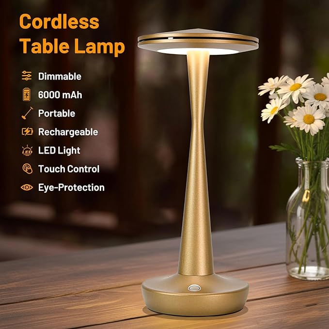 Cordless Table Lamp Rechargeable, 6000mAh Battery Operated Portable Table Light,Dimming LED Table Lamp for Restaurant/Patio/Outdoor (Bronze)