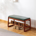 Solid Wood Shoe Bench, 2-Tier Wooden Entryway Bench, Modern Shoe Rack with Faux Leather Cushion for Hallway, Living Room (Green, 31.5'')