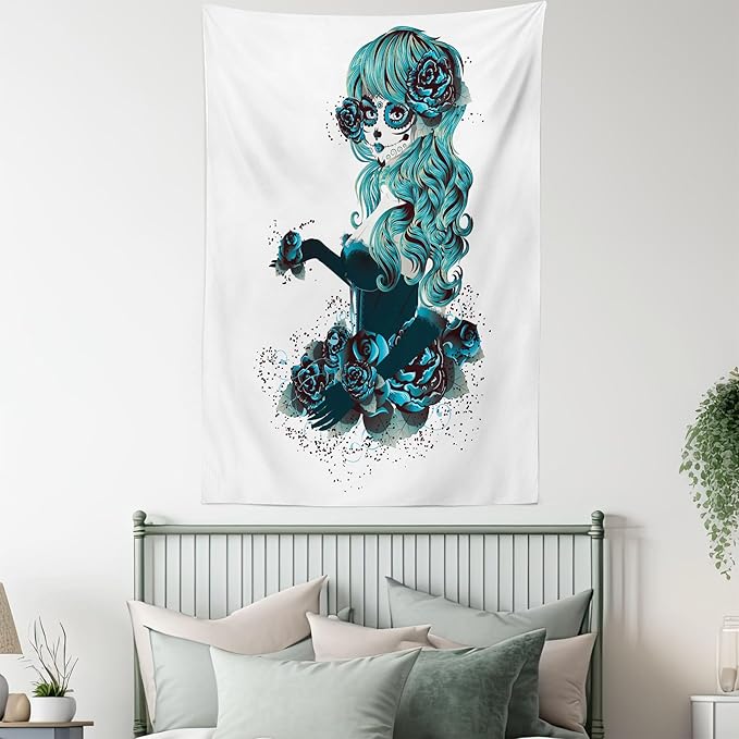 Ambesonne Skull Tapestry, Vintage Sugar Shape Girl Day of the Dead Bride Dark Color Roses Graphic, Fabric Wall Hanging Decor for Bedroom Living Room Dorm, 23" X 28", Petrol Blue White