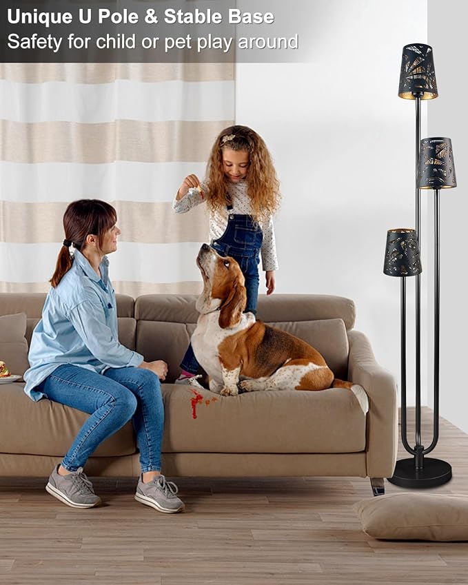 3-Light Black Floor Lamp for Living Room, Unique Candle Holder Style Tall Standing Lamps for Bedroom, 3000K Warmwhite Mid Century Modern Floor Lamp for Home Office(Bulbs Included)