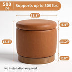 Round Storage Ottoman,Brown Swivel Vanity Stool-Smooth Faux Leather Foot Rest,Footstool Pouf with Sturdy Acacia Wood Frame(500lbs), Hidden Storage Ottoman for Living Room Assembled