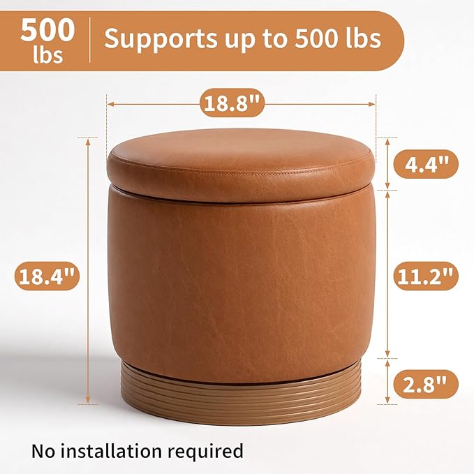 Round Storage Ottoman,Brown Swivel Vanity Stool-Smooth Faux Leather Foot Rest,Footstool Pouf with Sturdy Acacia Wood Frame(500lbs), Hidden Storage Ottoman for Living Room Assembled